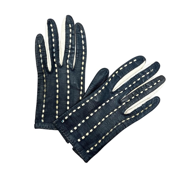 Vintage mid-century Morgan's blue white woven Italian leather driving gloves 6 - Picture 3 of 15